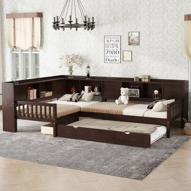 L Shaped Twin Platform Bed with Pull Out Trundle and Drawer, Solid Wood Twin Size Bed Frame with L Shaped Storage Bookcases