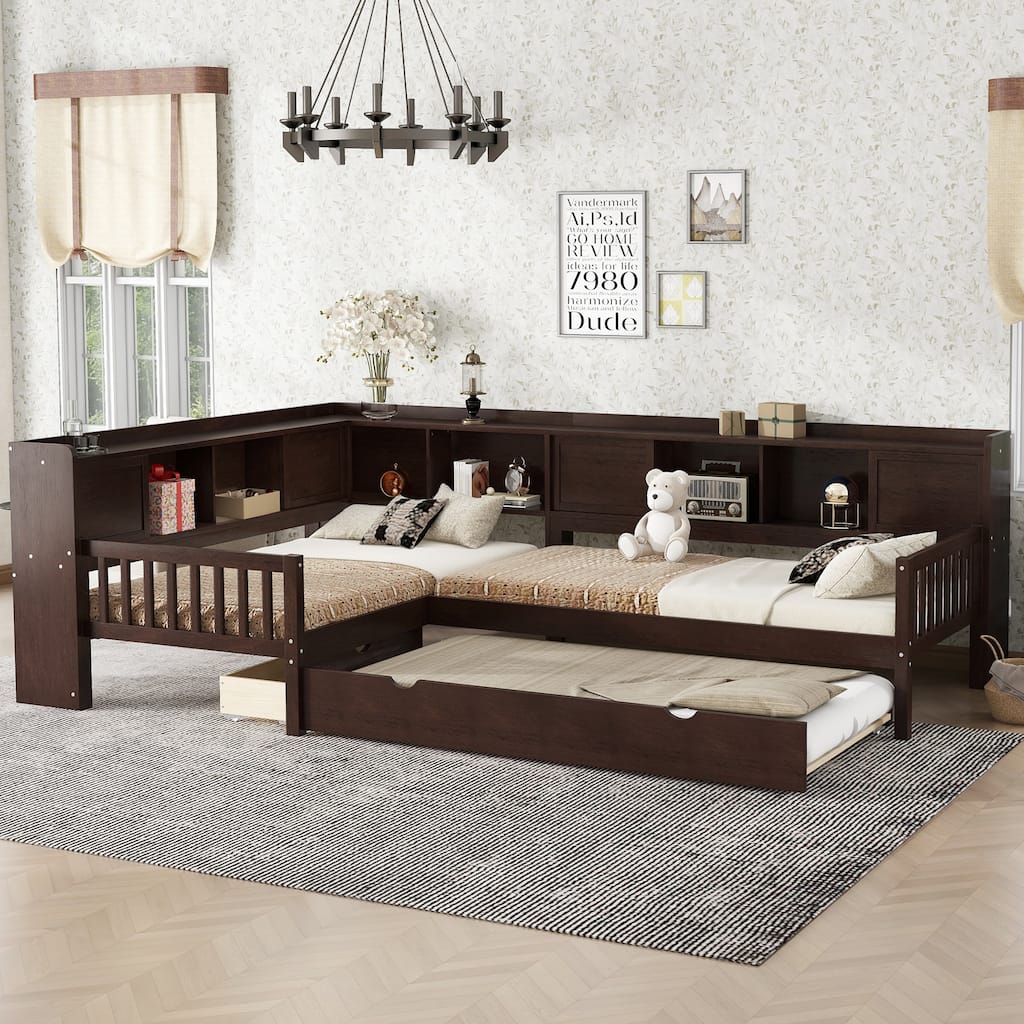 L-shaped Platform Bed Twin Size with Trundle, Solid Wood Platform Bed with Storage Drawers and Shelves, No Spring Box Needed