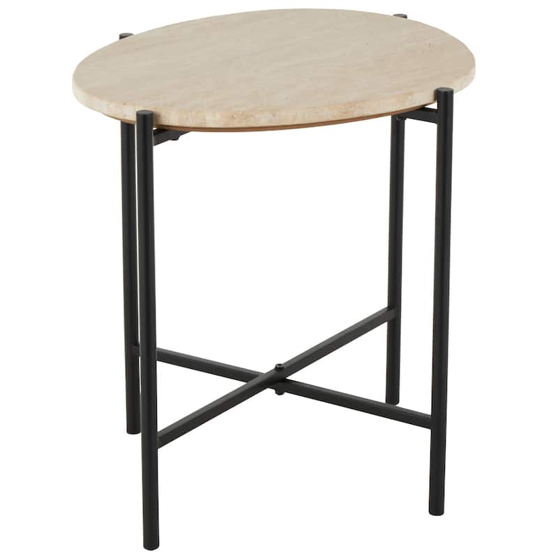 Marble Round Accent Table with Black Metal Support - Beige - Roche River Decor - 16"W x 19"L x 20"H
