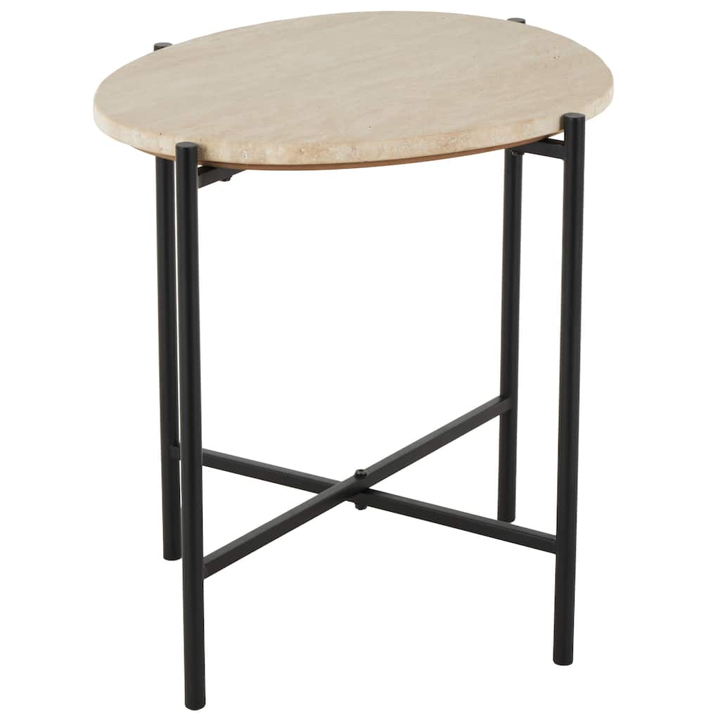 Marble Round Accent Table with Black Metal Support - Beige - Roche River Decor - 16"W x 19"L x 20"H