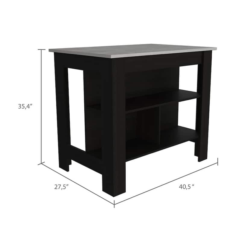Two-Tone Kitchen Island with Large Tabletop, Open Shelves, and Legroom Workstation for Meal Prep or Display