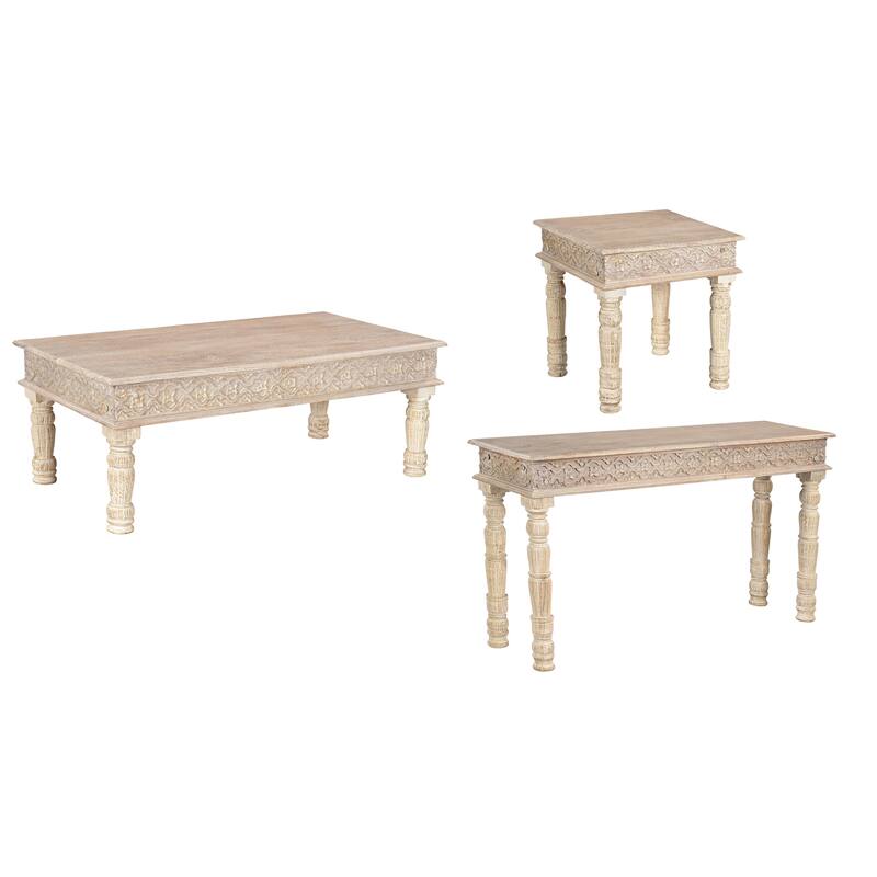 Milton Solid Wood 3-Piece Carved Living Room Table Set - White