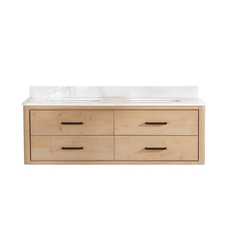 Cristo Floating Bath Vanity with White Quartz Stone Top without Mirror - 60 in. - Fir Wood Brown