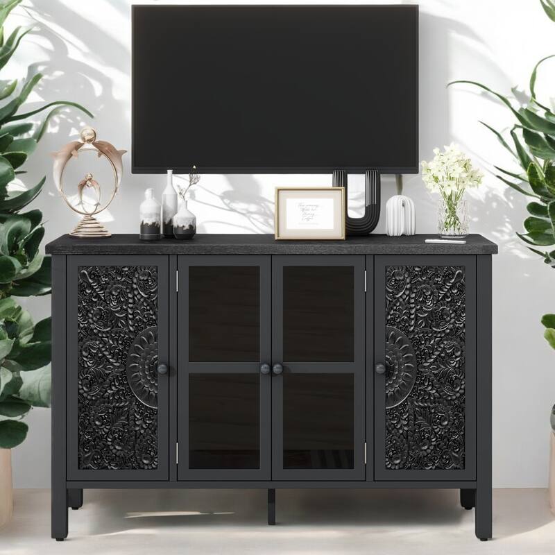 47.2" Retro TV Stand for TVs up to 43 Inches, Media Console with Glass Cabinet Doors, 3 Spacious Cabinets, Adjustable Shelves - Black