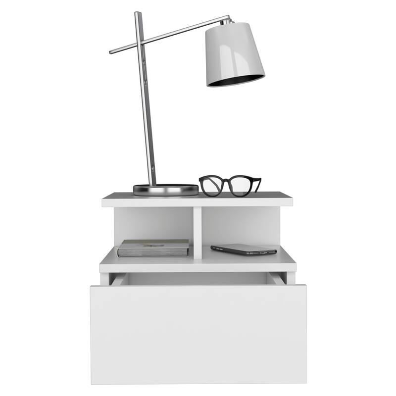 Floating Nightstand with Drawer and Open Shelves, Wall-Mounted Space-Saving Side Table - White
