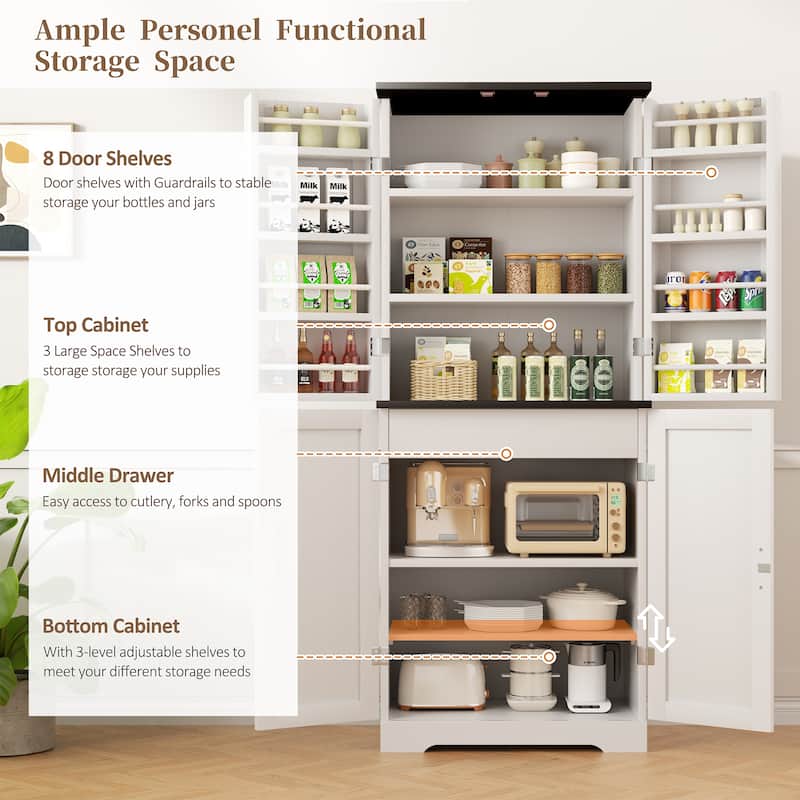 Kitchen Pantry Cabinet with Adjustable Shelves - Freestanding Storage Organizer