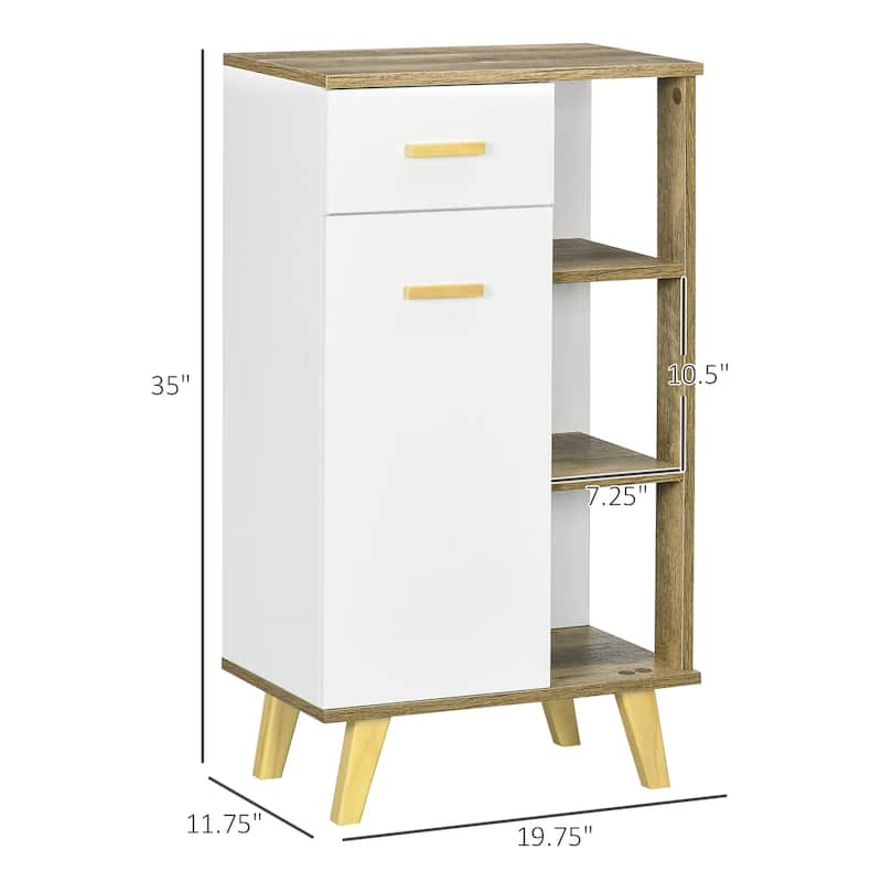 kleankin Bathroom Floor Cabinet, Side Storage Organizer Cabinet with Drawer and Shelves for Bathroom, White and Natural