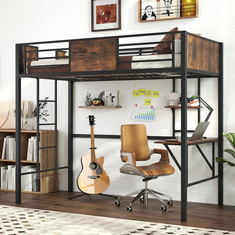 Gymax Twin Loft Bed w/ Desk Heavy-Duty Metal Bed Frame w/ Safety