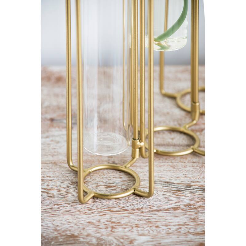 Rossetta Oversized Minimalist Lines Industrial Intrigue 3-Bottle Pedestal Beaker Vase with Metal Frame