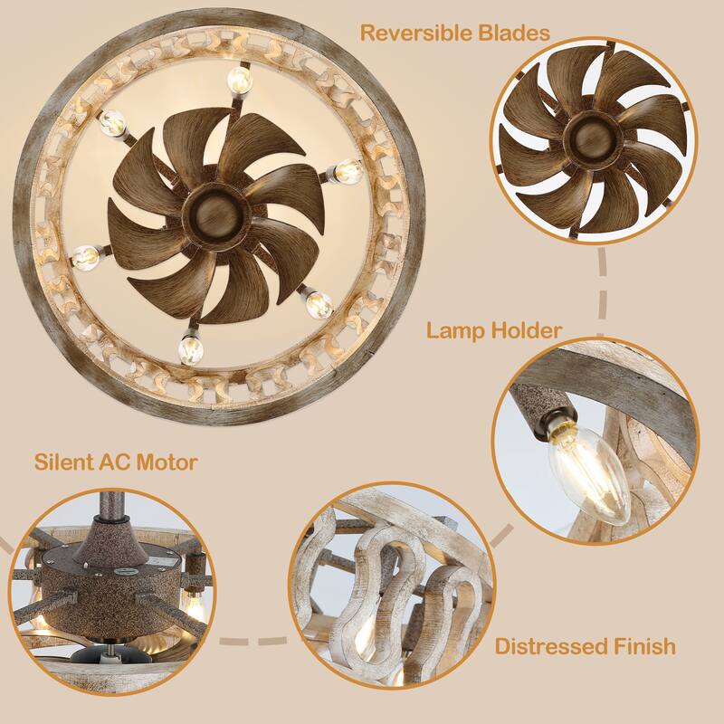Cusp Barn 18-In Modern Caged Ceiling Fan with Remote, Farmhouse Antique Wood Fandelier, 6-Light Rustic Chandelier for Bedroom