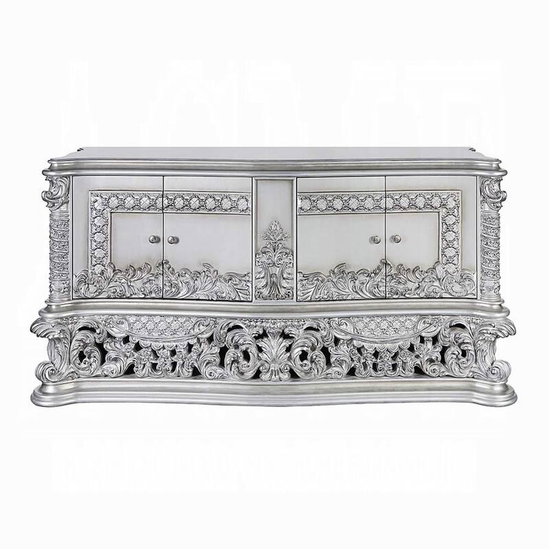 Vera Sideboard Buffet Console, 79 Inch 4 Doors, Platinum Floral Scroll