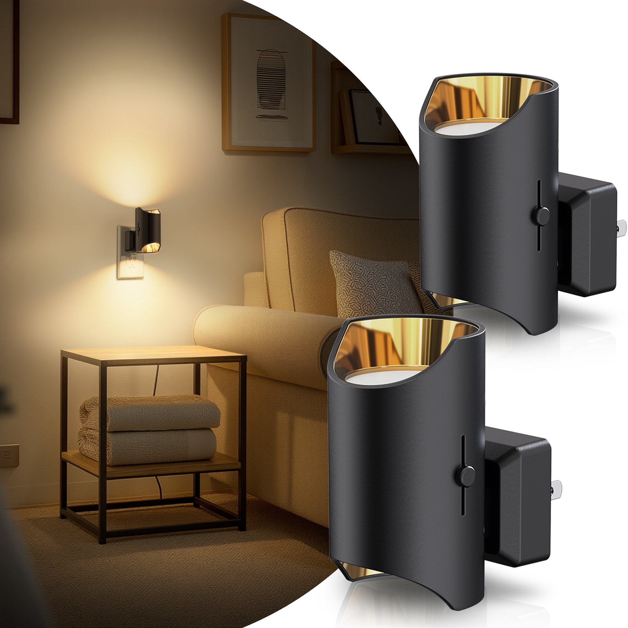 YANSUN Set of 2 Plug-in Dusk-to-Dawn Night Lights, Black Cylinder Wall Lamp, 3000K Warm Light, Sliding Dimmer, US Plug