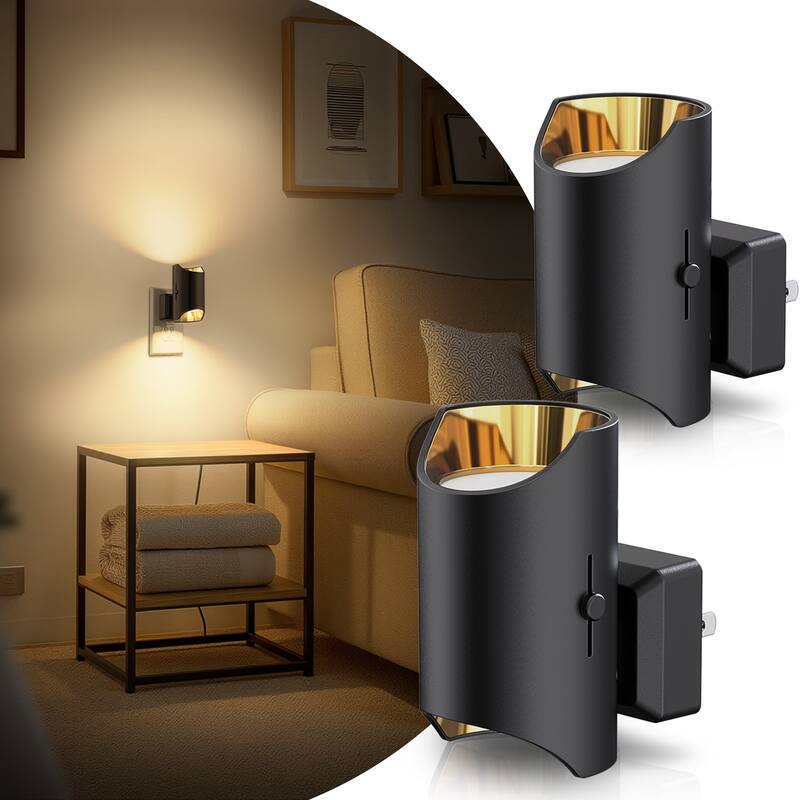 YANSUN Set of 2 Plug-in Dusk-to-Dawn Night Lights, Black Cylinder Wall Lamp, 3000K Warm Light, Sliding Dimmer, US Plug