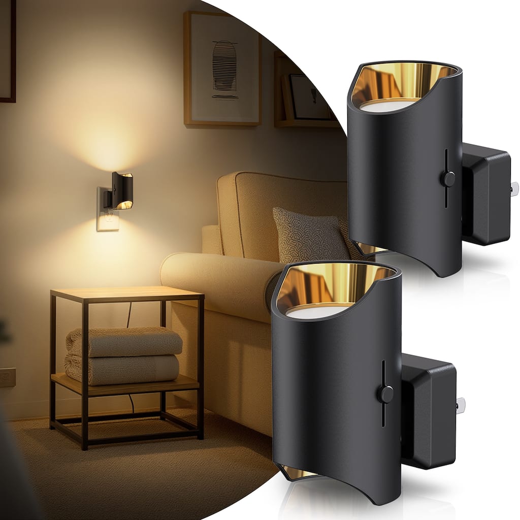 YANSUN Set of 2 Plug-in Dusk-to-Dawn Night Lights, Black Cylinder Wall Lamp, 3000K Warm Light, Sliding Dimmer, US Plug
