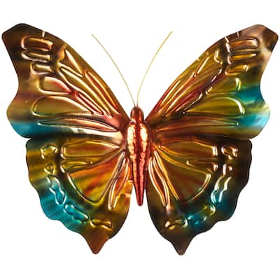Stainless Steel Metal Butterfly Indoor Outdoor Wall Decor with Teal and Gold Accents - Multi Colored - Roche River Decor
