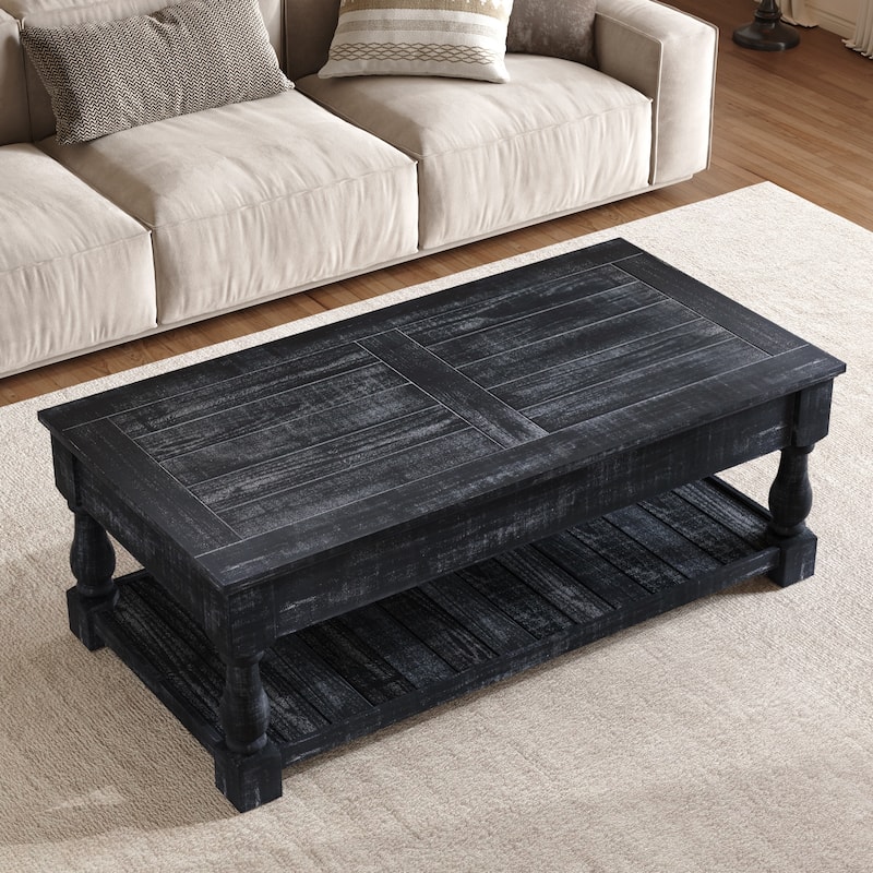 Farmhouse 47.24" Lift Top Coffee Table with Storage Trays Handcrafted Solid Wood for Stylish Living Room Storage