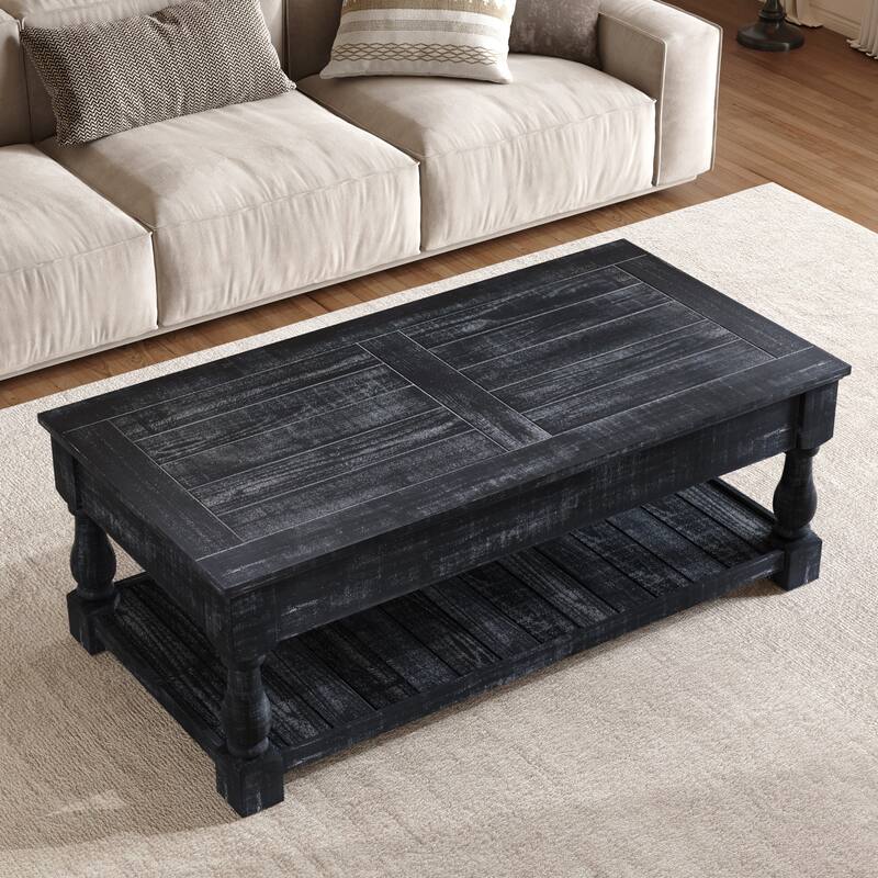 Roomfitters Farmhouse Lift Top Coffee Table, Wood Center Table with 3 Storage Trays and Lower Shelf, Antique Black