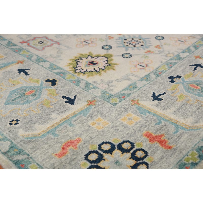 All-Over Geometric Oushak Indian Area Rug Hand-Knotted Wool Carpet - 9'0" x 11'11"