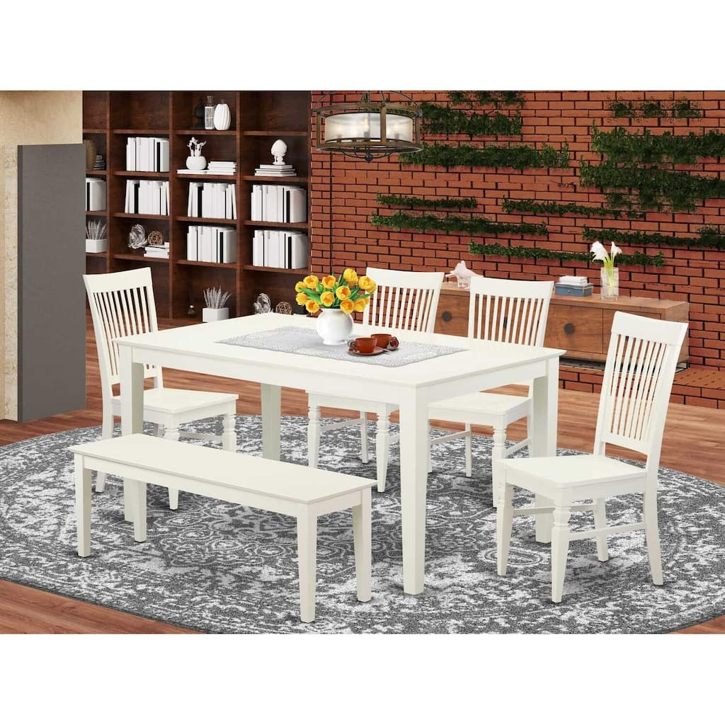 HomeStock 6-Piece Rectangle Linen White Finish Solid Wood Top Dining Table with 1-Bench, 4-Chairs with Lattice Back