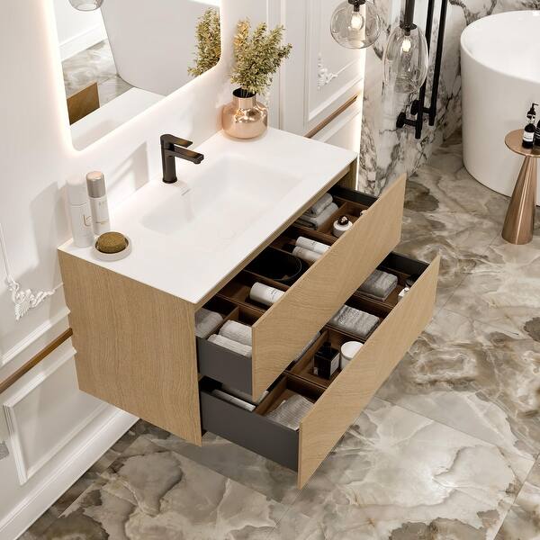 Eviva Lotus 30 in. W. x 22 in. D x 22 in. H Oak Wall Mount Bathroom Vanity with White Solid Surface Integrated Sink Top