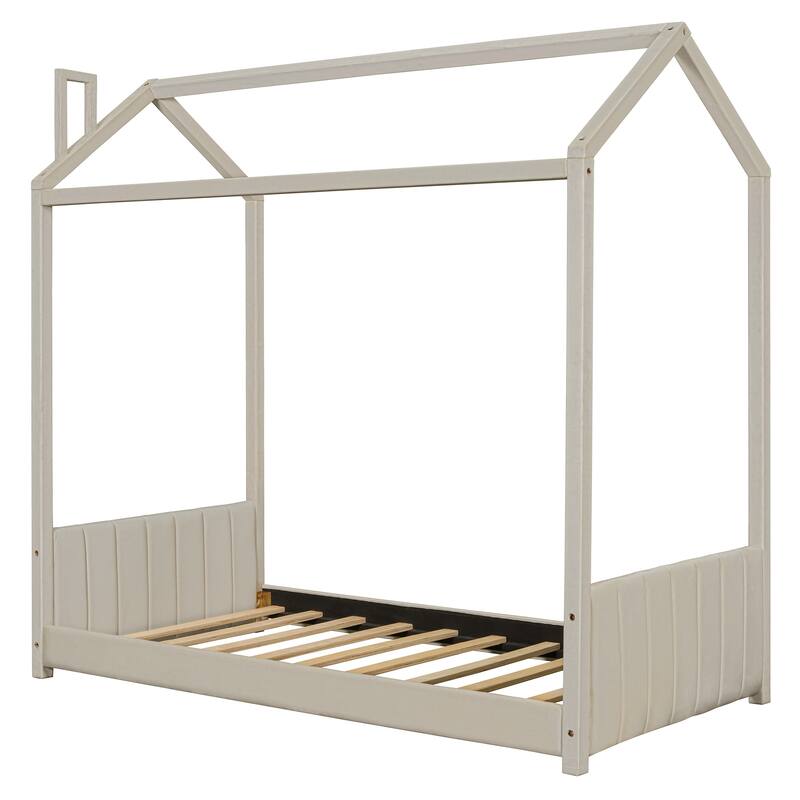 Modern Velvet Upholstered Playhouse Bed Frame with Wooden Slat Support