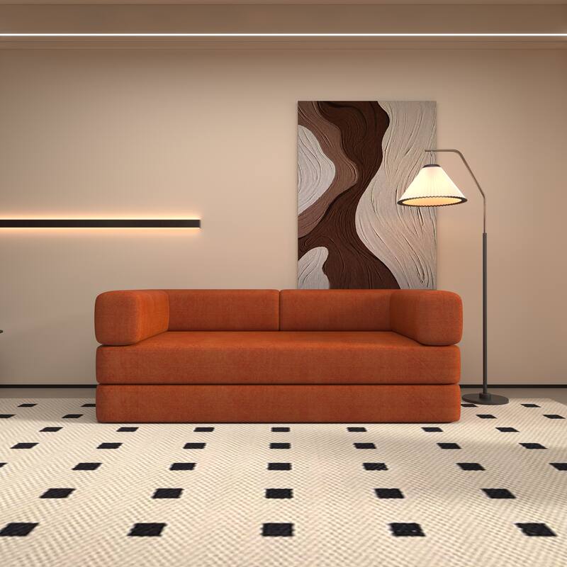 3 Seater Foldable Couch Floor Sofa Bed with Cylindrical Pillow - Orange Red