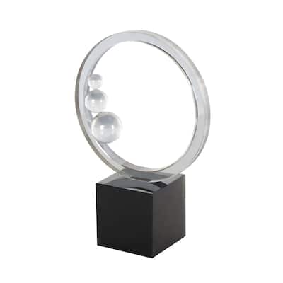 Clear Glass Ring Abstract Decorative Sculpture with Clear Orbs and Black Square Base