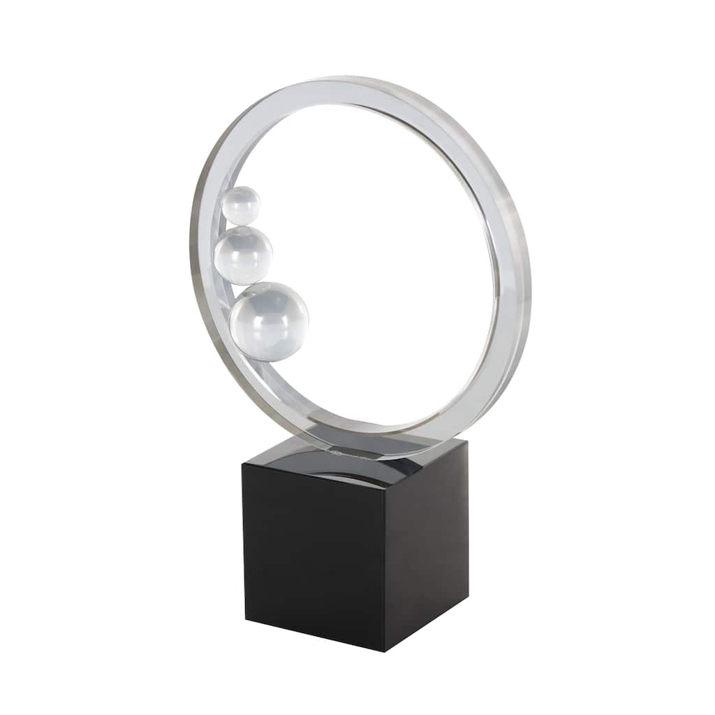 Clear Glass Ring Abstract Decorative Sculpture with Clear Orbs and Black Square Base