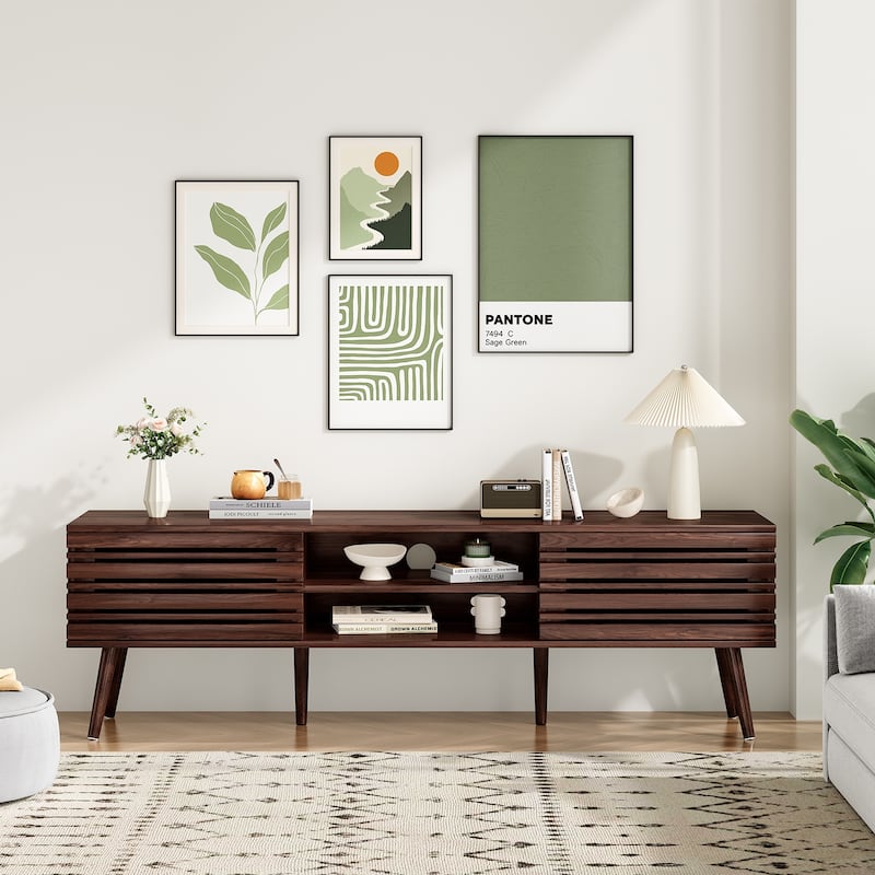 Mid Century Modern TV Stands for up to 70" TV with Storage, Fluted Wood TV Stand for Living Room, Boho Media Console