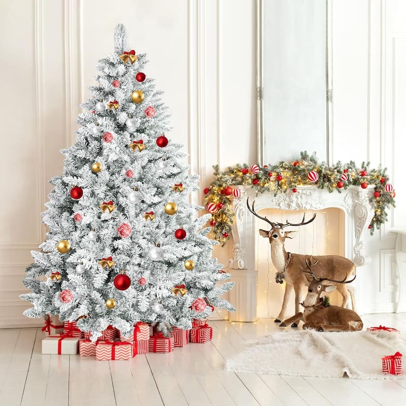6ft-7ft Artificial Snow Flocked Christmas Tree with Metal Stable Stand Base for Indoor and Outdoor Holiday Decoration