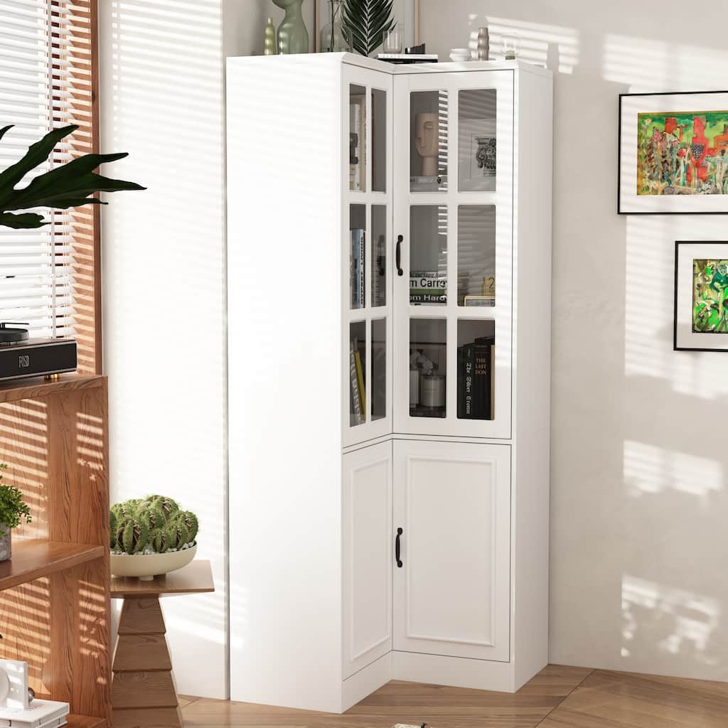 Elegant White Wooden Storage Cabinet with 4 Doors and 5 Shelves