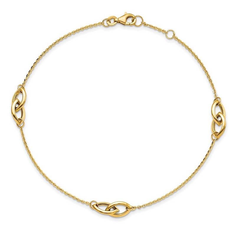 Curata 14k Yellow Gold 10" Polished Intertwining Links Station Anklet (Lobster-claw)
