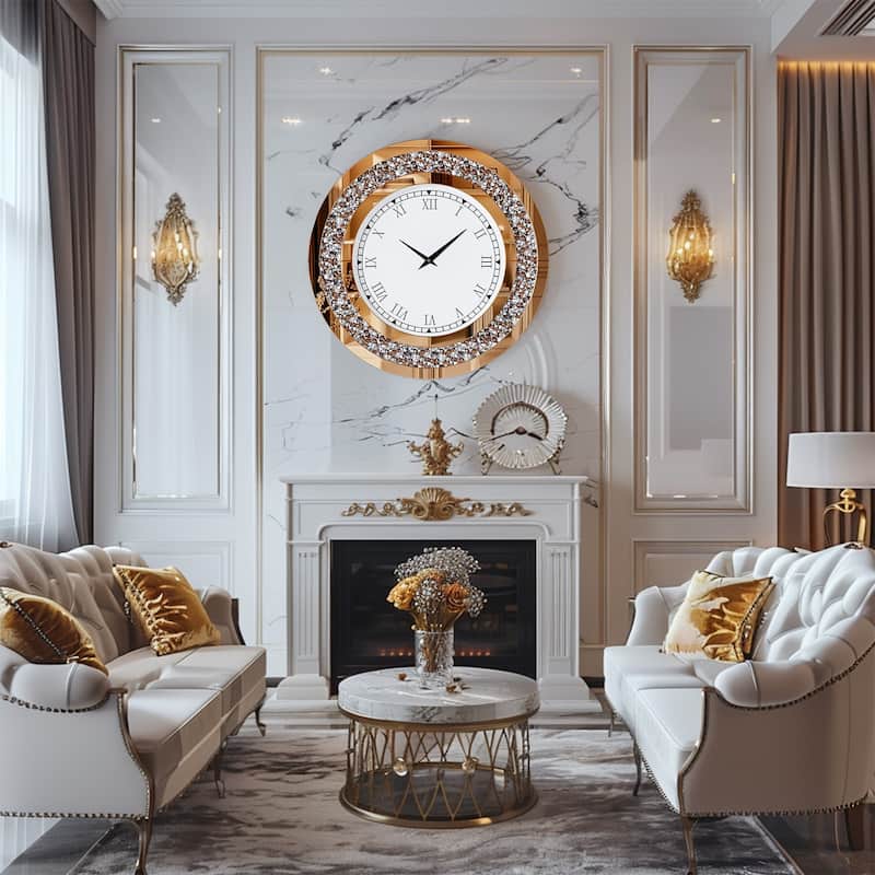 Contemporary Round Glass Wall Clock Crystal Diamond Inlay