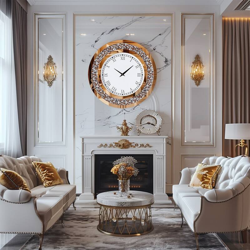 Glam Crush Diamond Inlay Round Wall Clock Decorative Mirror Clock