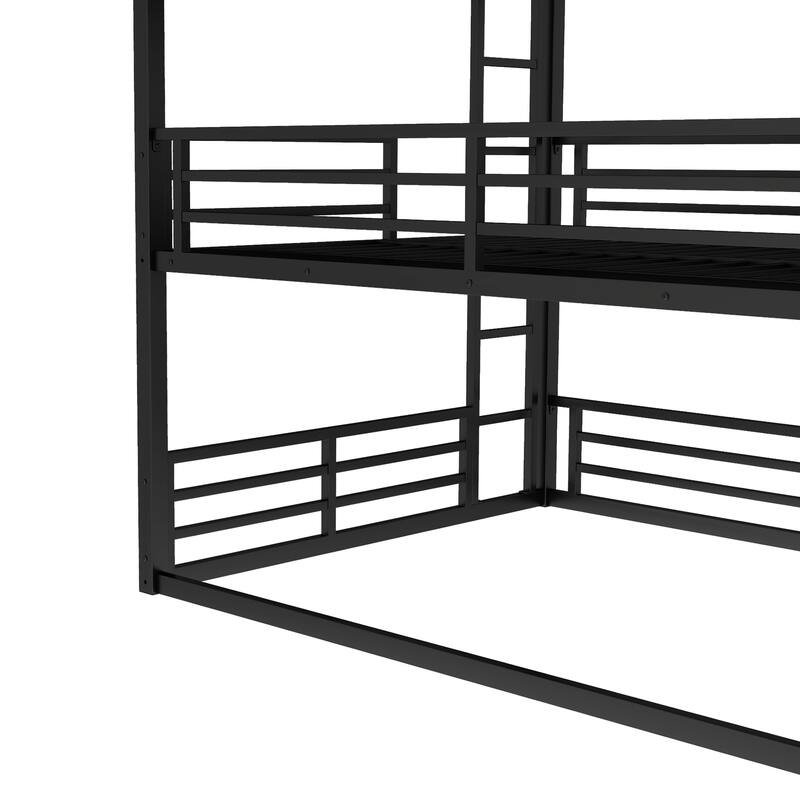 Queen over Full XL over Queen Metal Triple Bunk Bed Safety Guardrails Noise reduced Black