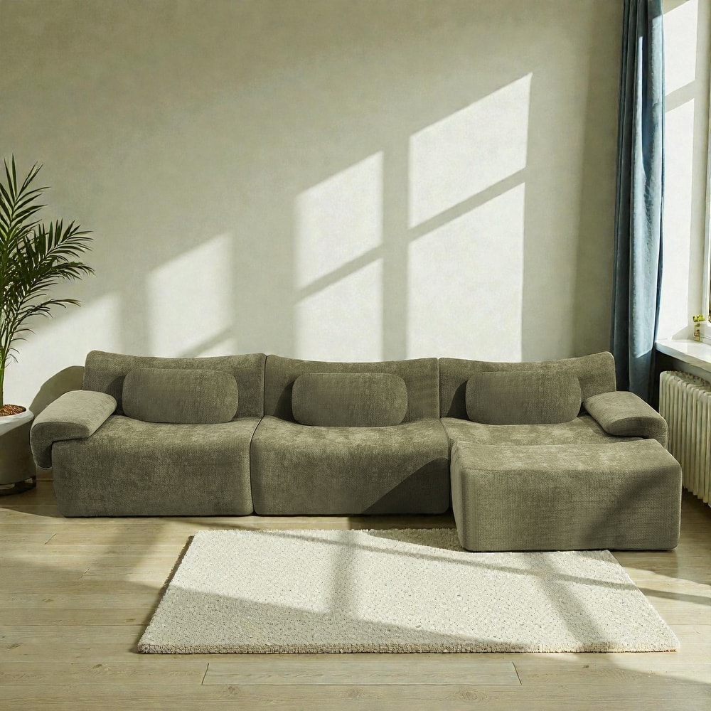 Modular Chenille Sofa Set with Armchair, Extra Large Deep Seat 3 Seater Compression Couch with Pillows