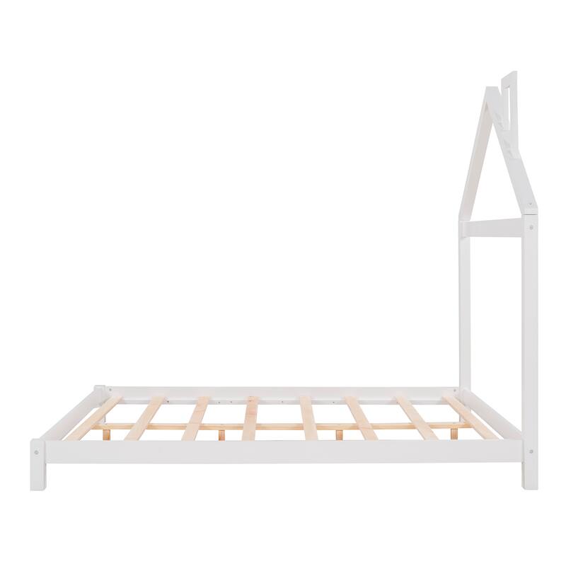Full Size Wood Platform Bed with House-Shaped Headboard and Sturdy Pine Frame