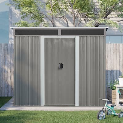 8ft x 6ft Gray Metal Storage Shed – Outdoor Garden Shed with Lockable Sliding Doors & Transparent Panels - 8ft x 6ft