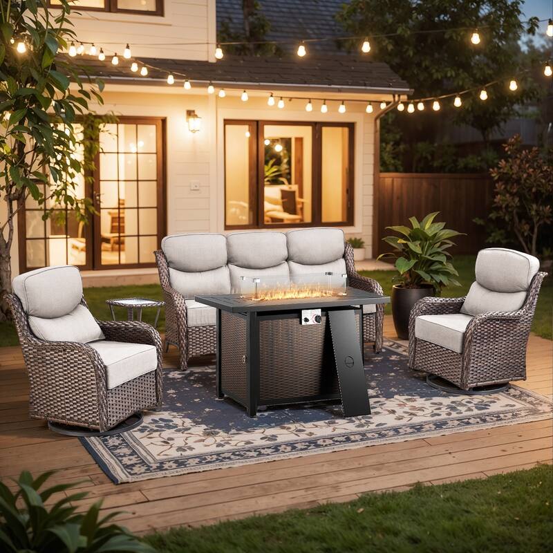 Pocassy Patio Furniture Set with 43 inch Fire Pit Table - Beige Cushion Brown Wicker - 5-Piece Sofa Siwvel Chair Table w/ Fire Pit Table