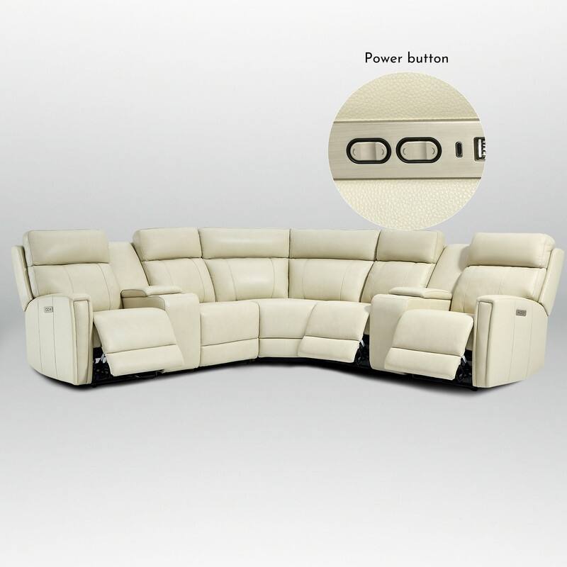 Genuine Leather Power Recliner Sectional Sofa with Ajustable Headrest, USB&USB-C Port
