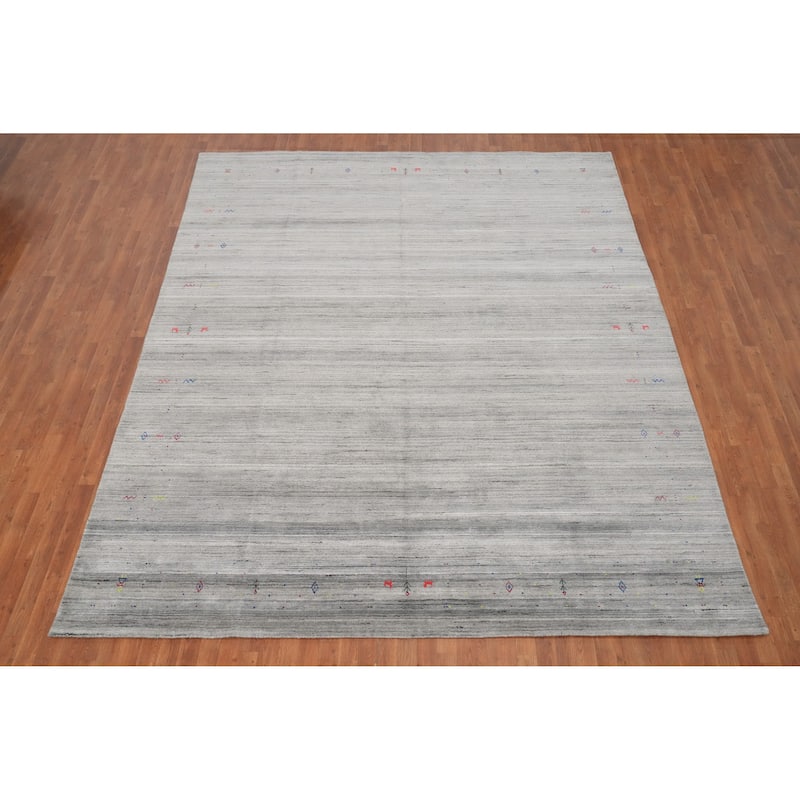 Hand Knotted Oriental Viscose Silk Carpet Tribal Animal Pictorial Greys & Charcoal Gabbeh Area Rug - 11' 10'' X 9' 11''