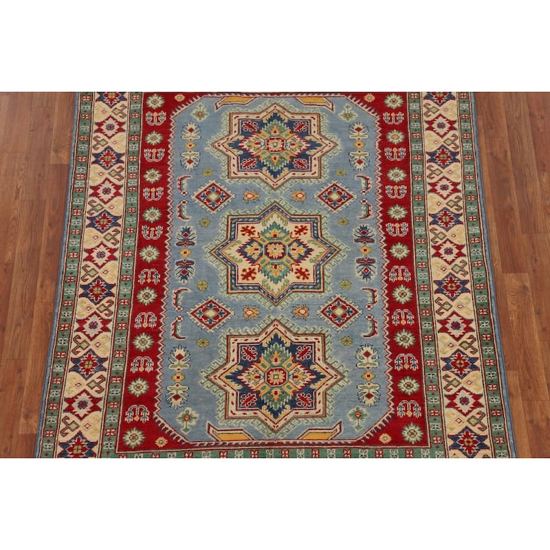 Light Blue Kazak Rug Handmade Geometric Wool Carpet - 4'10" x 6'1"