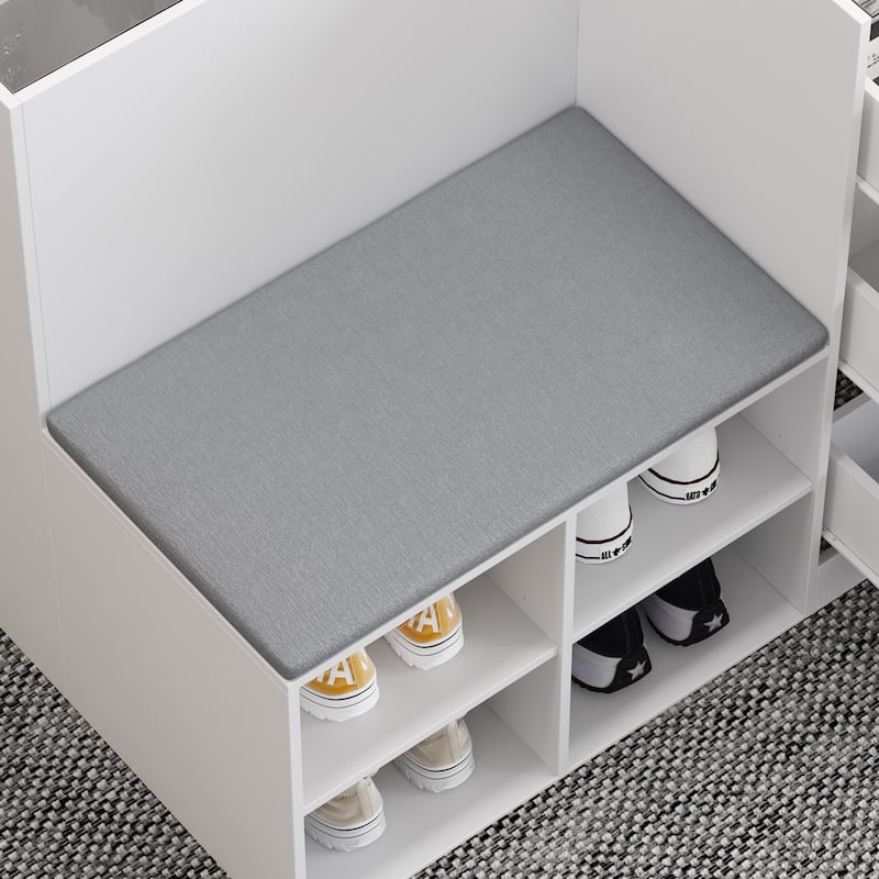 Makeup Organizer Glass Top and Cushion for Jewelry, Shoe Storage Bench