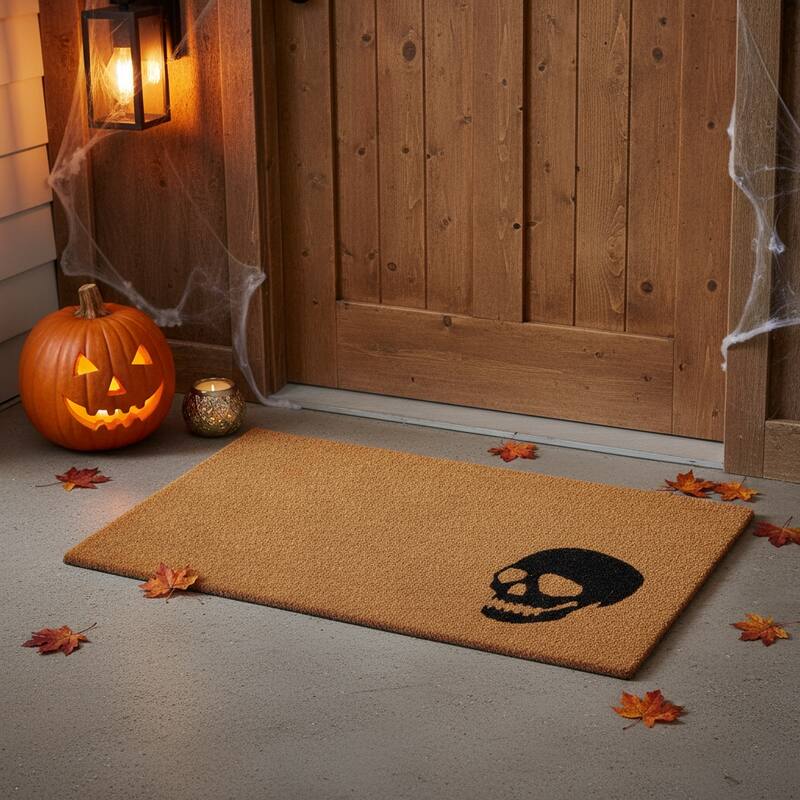 HomeRoots 17" X 29" Brown And Natural Halloween Skull Outdoor Coir Door Mat - 17.00' X '29.00 - 17.00' X '29.00