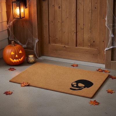 HomeRoots 17" X 29" Brown And Natural Halloween Skull Outdoor Coir Door Mat - 17.00' X '29.00