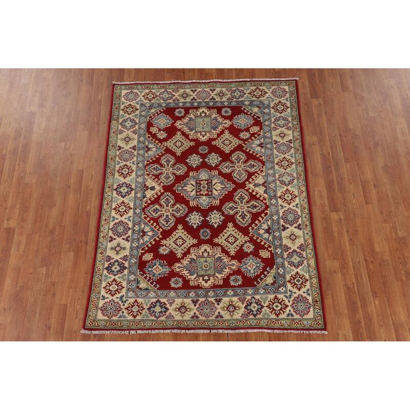 Traditional Kazak Area Rug Hand-Knotted Red Wool Carpet - 4'11" x 6'6"