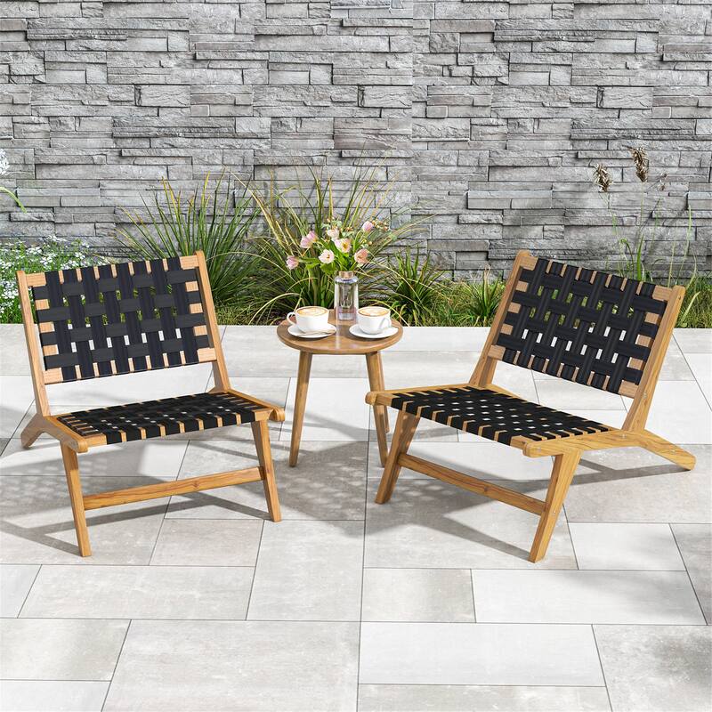 Gymax Teak Wooden Chair w/ Woven Webbing Seat & Backrest for Patio Mid