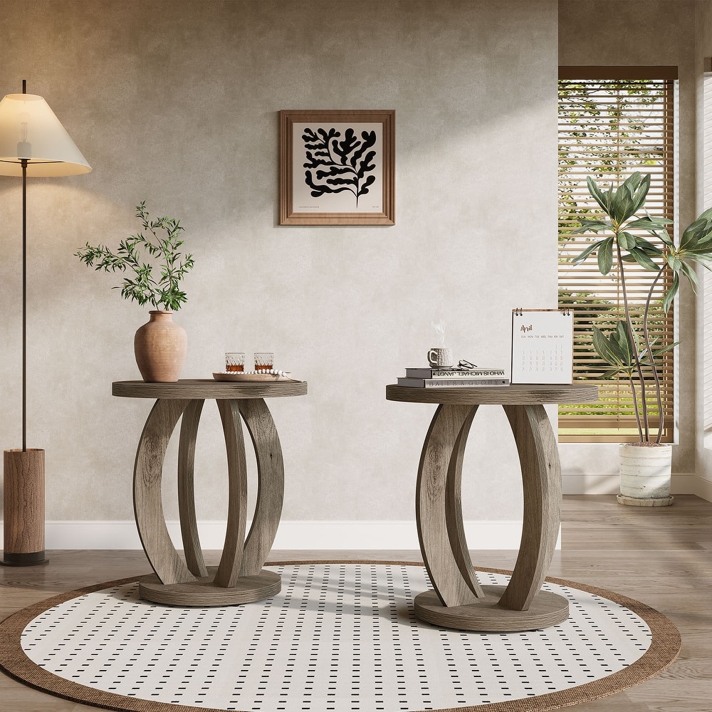 Round Side Table with Storage, Farmhouse End Table for Living Room Small Space