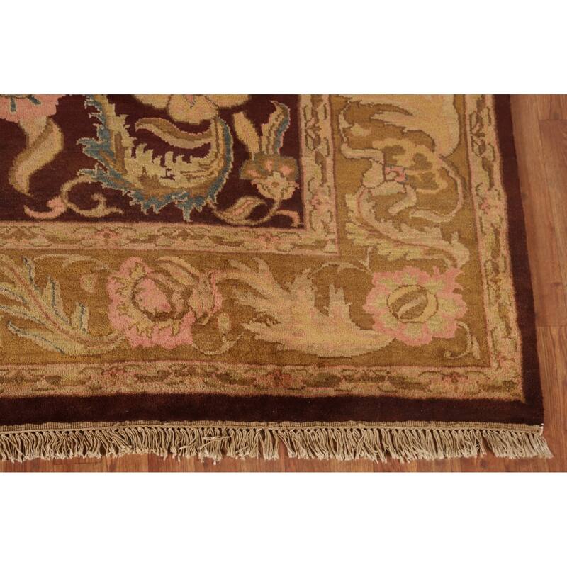 Burgundy Floral Agra Indian Area Rug Handmade Wool Carpet - 7'11"x 9'11"
