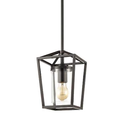 Pinerolo Industrial Black Pendant Lighting Vintage Cage Hanging Light with Clear Glass Cylinder Shade